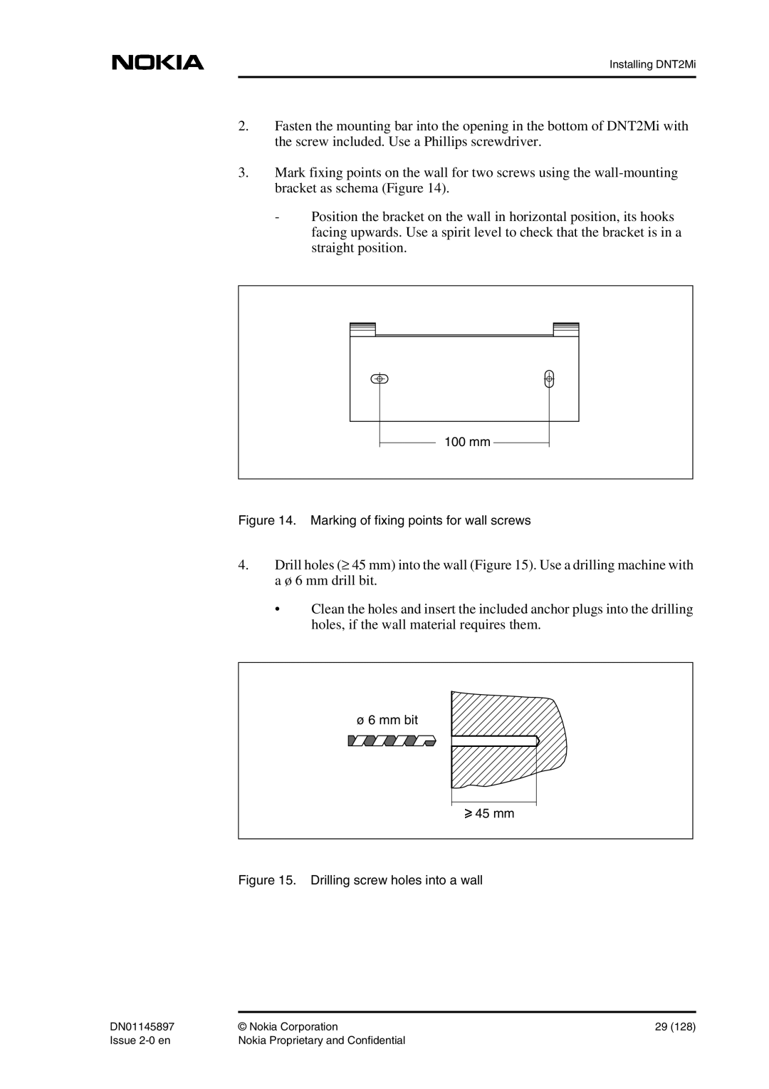 Nokia DNT2Mi sp/mp user manual Marking of fixing points for wall screws, Mm bit 45 mm 