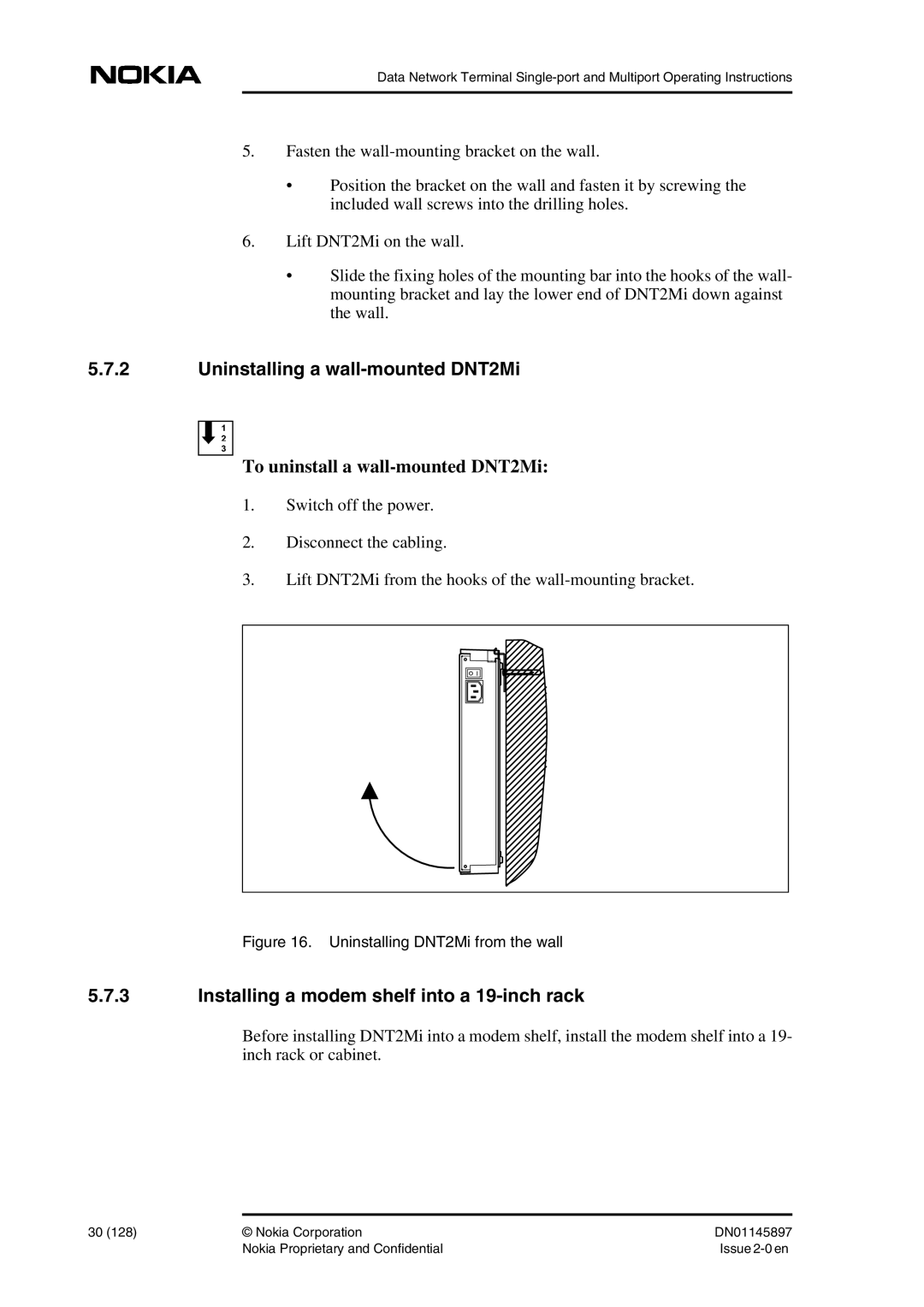 Nokia DNT2Mi sp/mp user manual Uninstalling a wall-mounted DNT2Mi, Installing a modem shelf into a 19-inch rack 