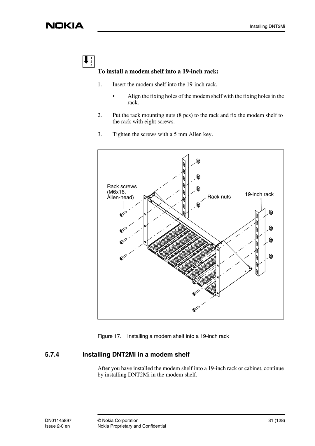 Nokia DNT2Mi sp/mp user manual Installing DNT2Mi in a modem shelf, Rack screws M6x16 Rack nuts Inch rack Allen-head 