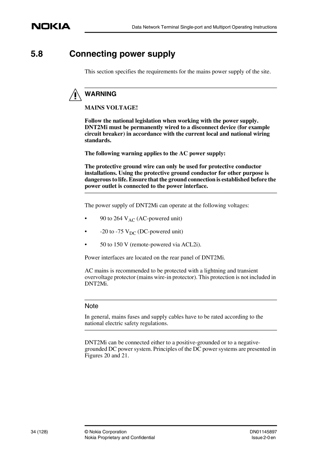 Nokia DNT2Mi sp/mp user manual Connecting power supply, Mains Voltage 