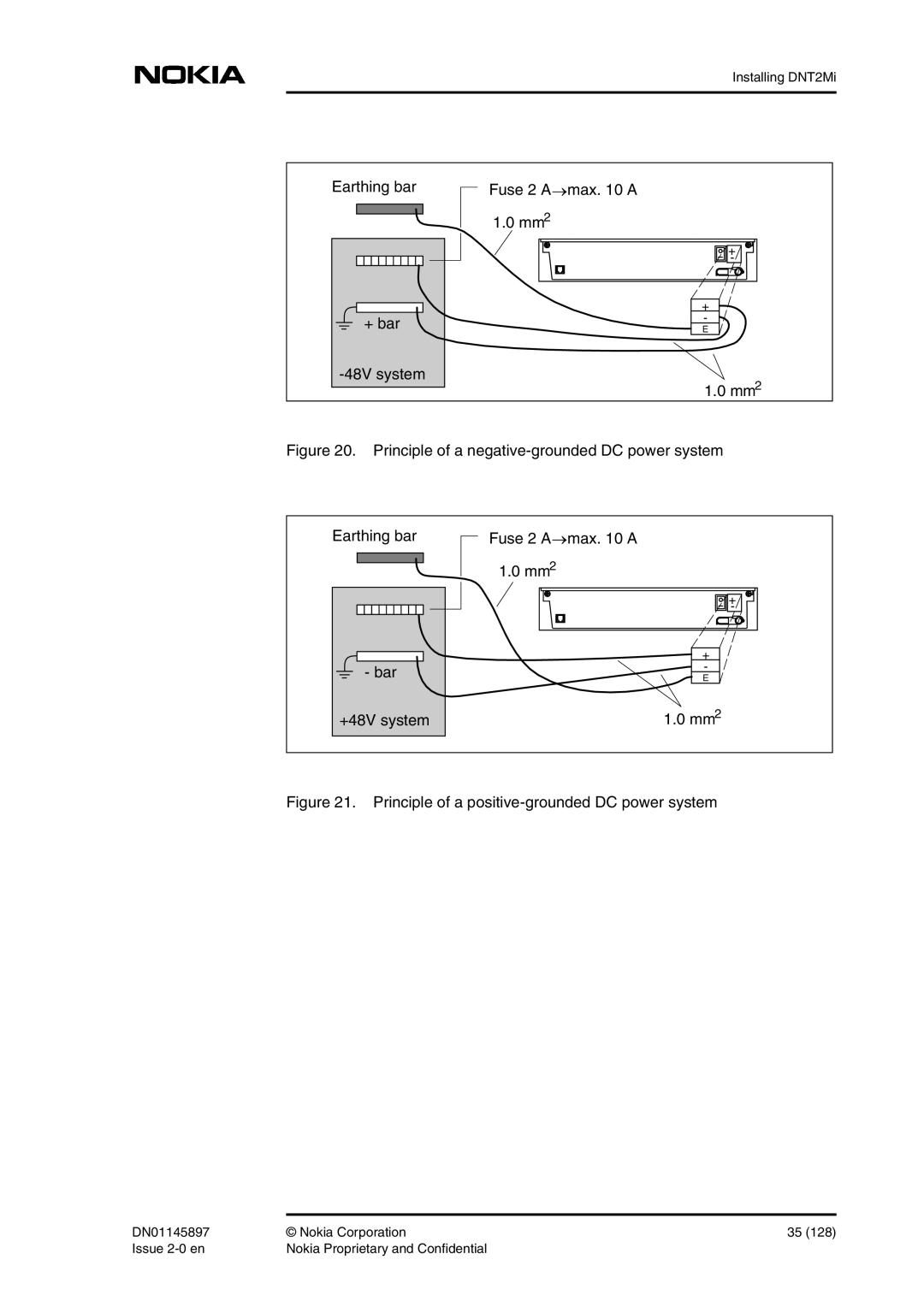 Nokia DNT2Mi sp/mp Earthing bar Fuse 2 a Max a + bar 48V system, Principle of a positive-grounded DC power system 