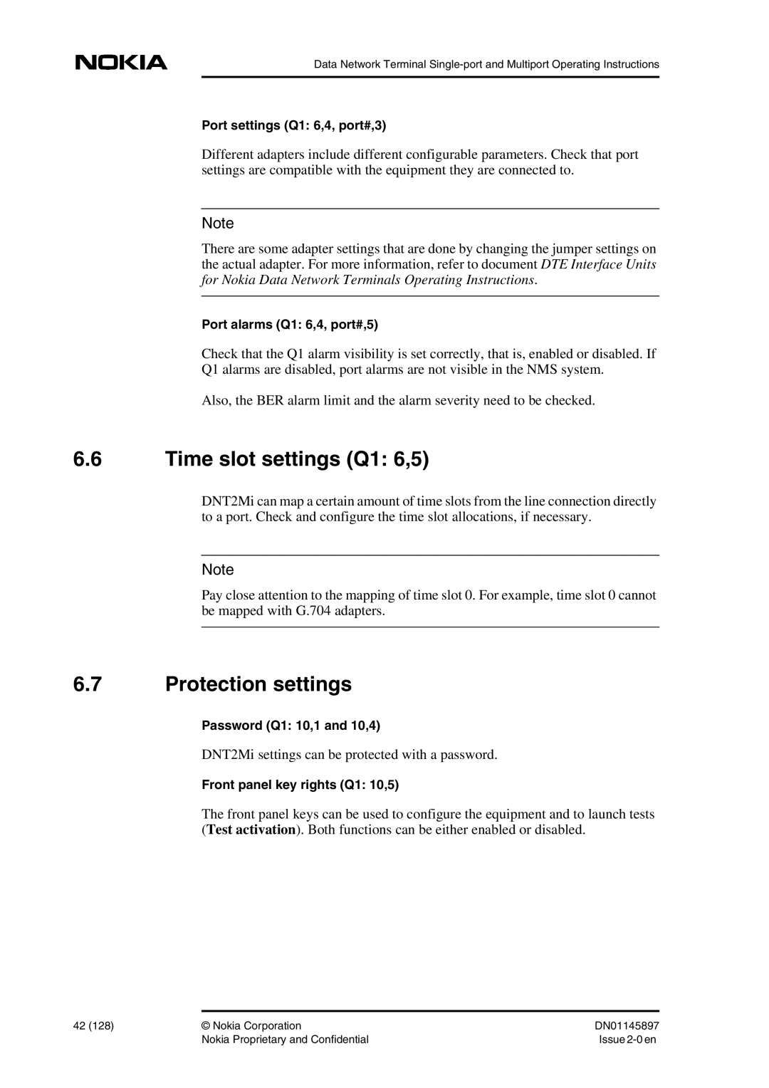 Nokia DNT2Mi sp/mp user manual Time slot settings Q1 6,5, Protection settings 