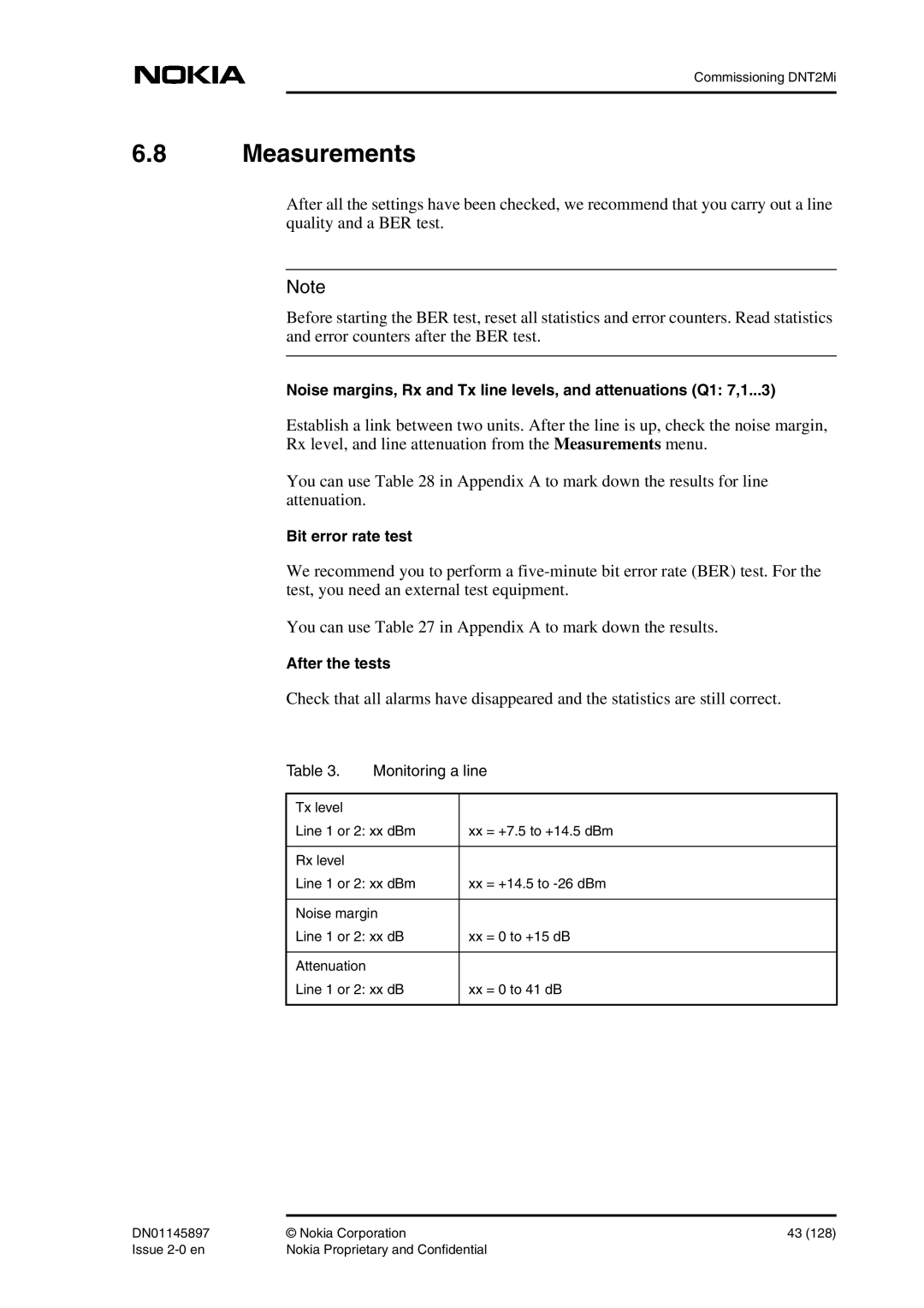 Nokia DNT2Mi sp/mp user manual Measurements, Monitoring a line 