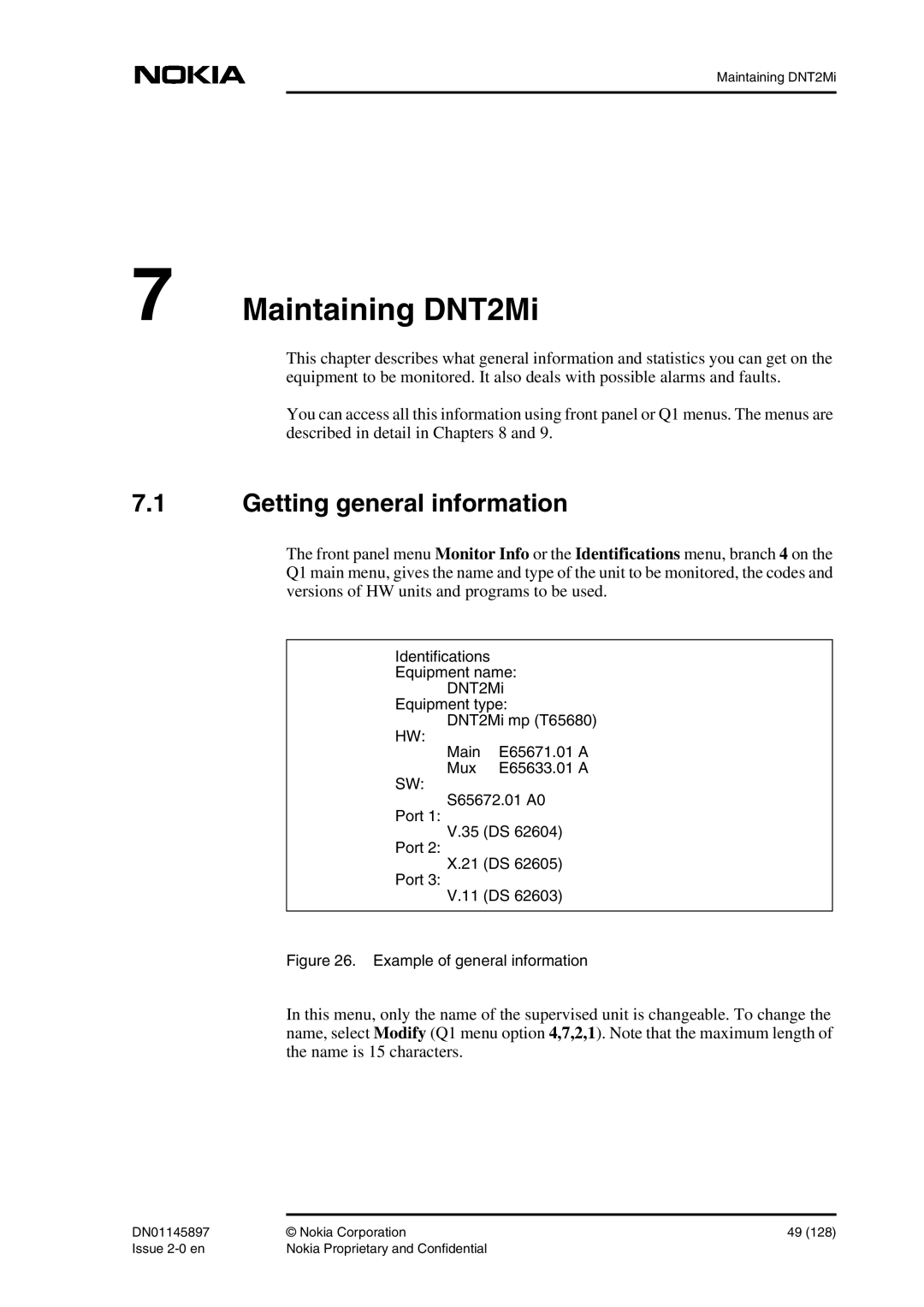 Nokia DNT2Mi sp/mp user manual Getting general information, Example of general information 