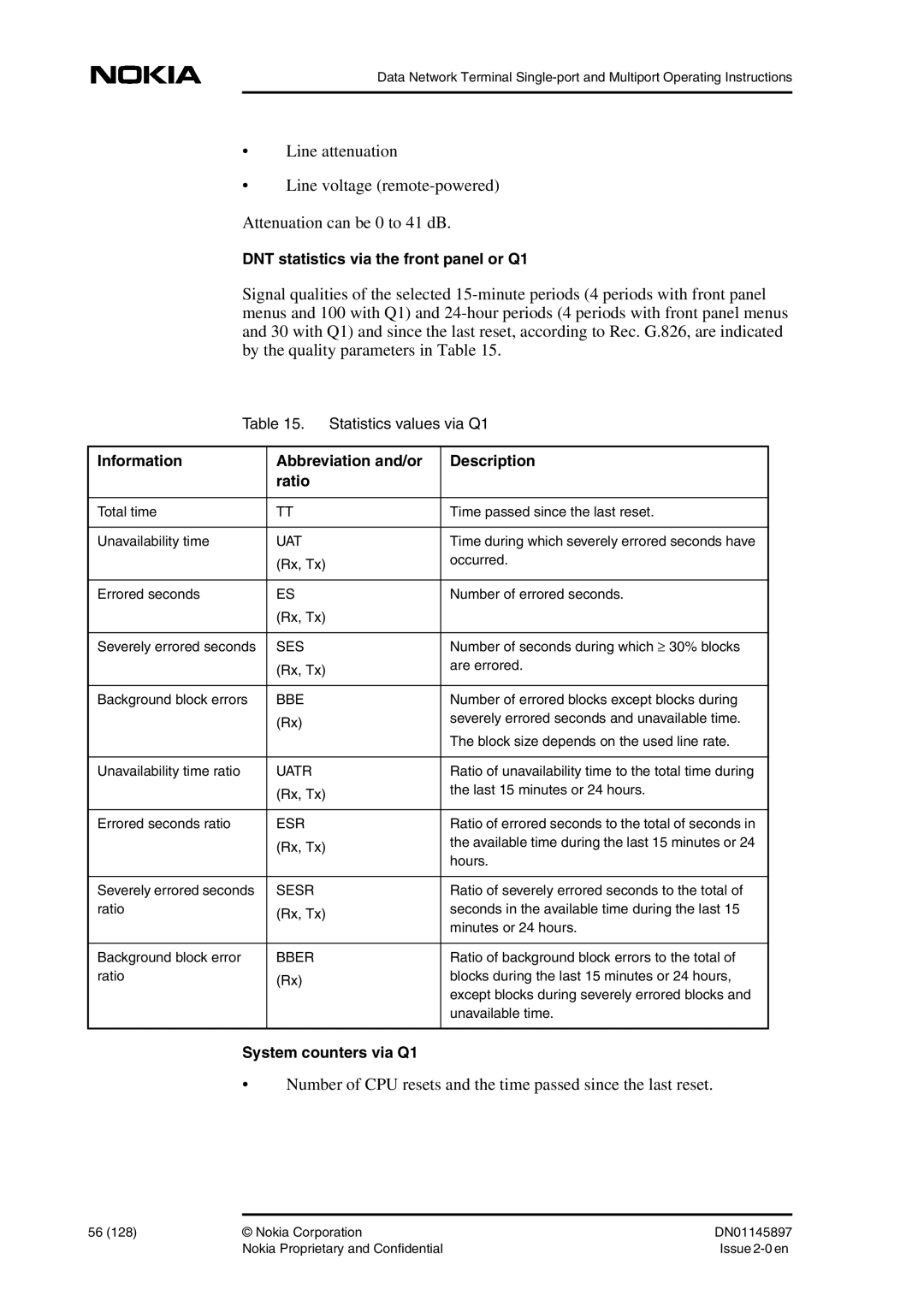 Nokia DNT2Mi sp/mp user manual Statistics values via Q1, Information Abbreviation and/or Description Ratio 