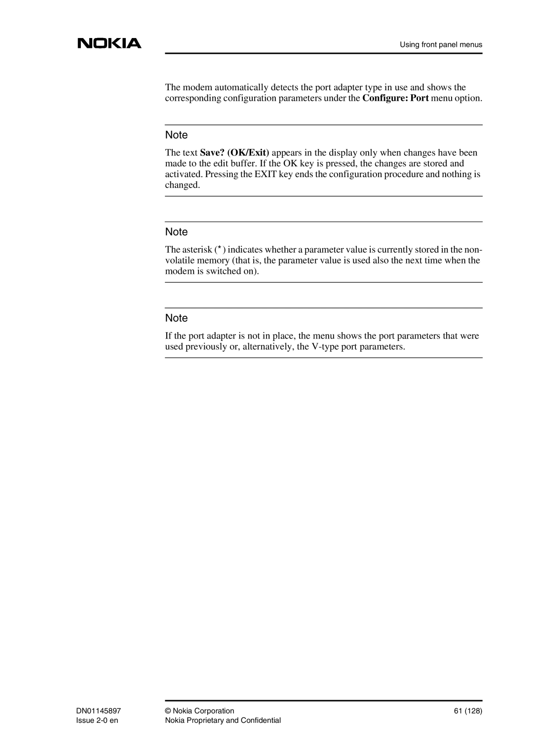 Nokia DNT2Mi sp/mp user manual Using front panel menus 