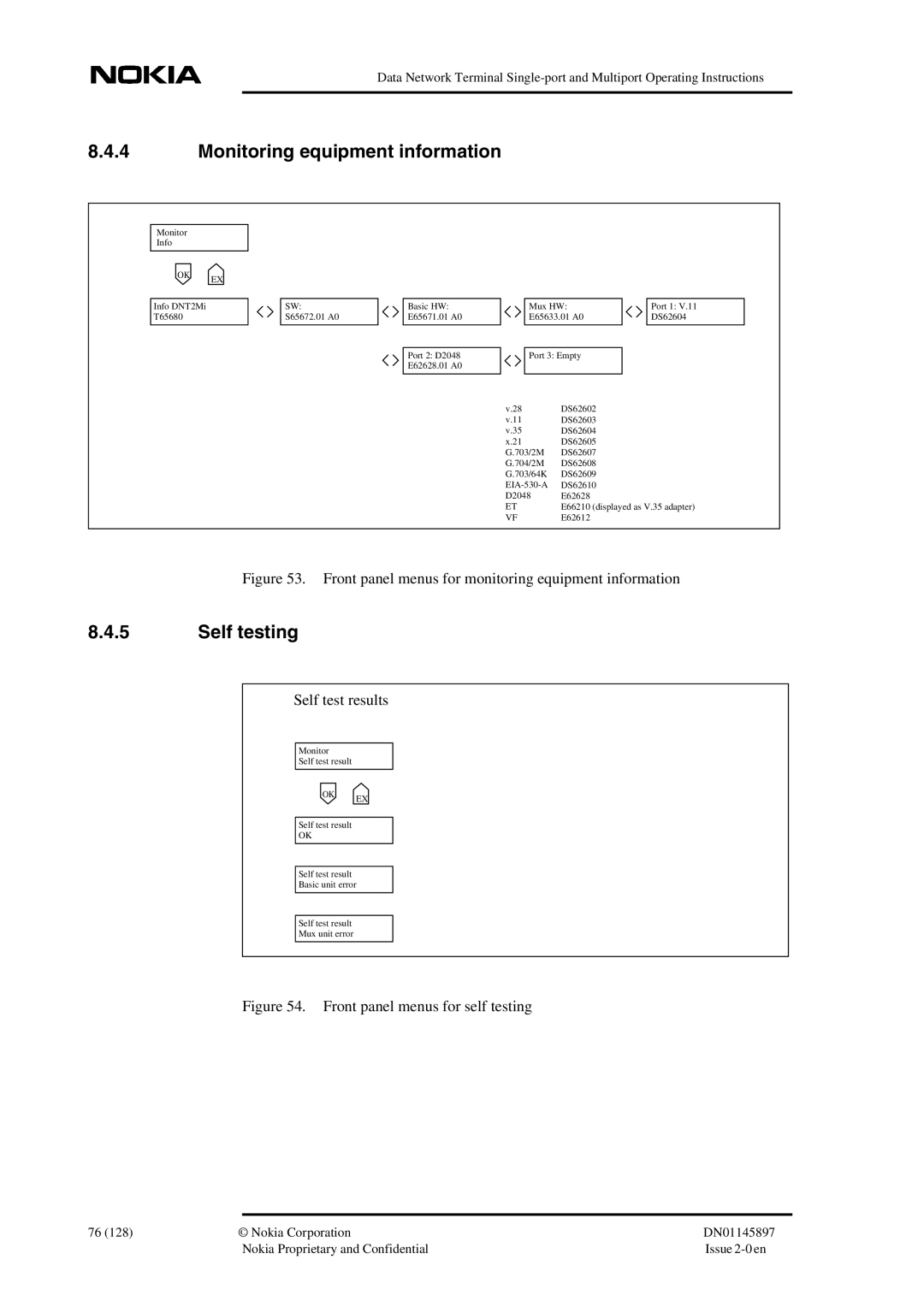 Nokia DNT2Mi sp/mp user manual Monitoring equipment information, Self testing, Self test results 