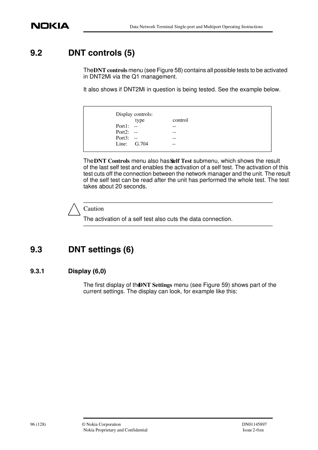 Nokia DNT2Mi sp/mp DNT controls, DNT settings, Display 6,0, Display controls Type Control Port1 Port2 Port3 Line 704 