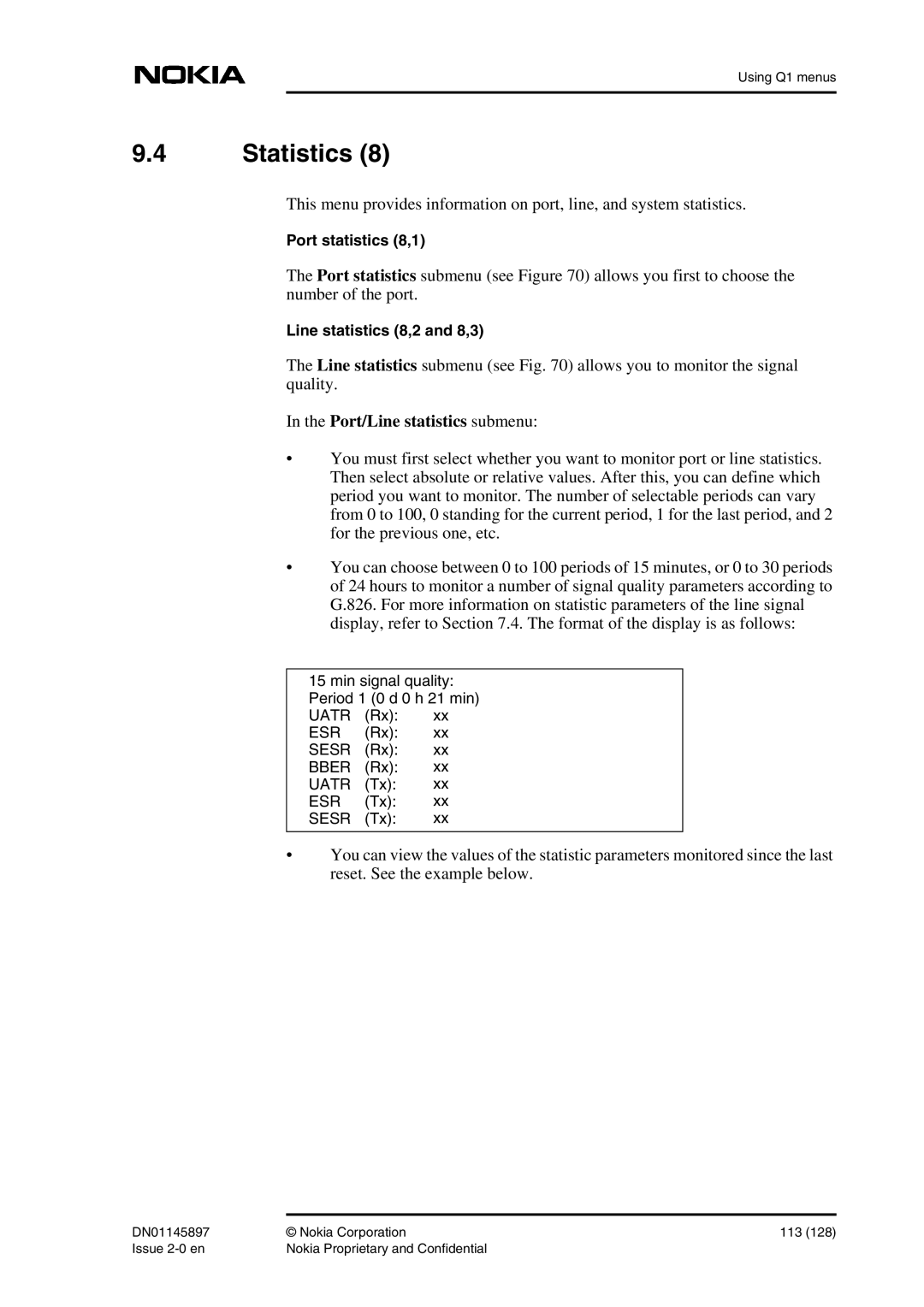 Nokia DNT2Mi sp/mp user manual Statistics, In the Port/Line statistics submenu 