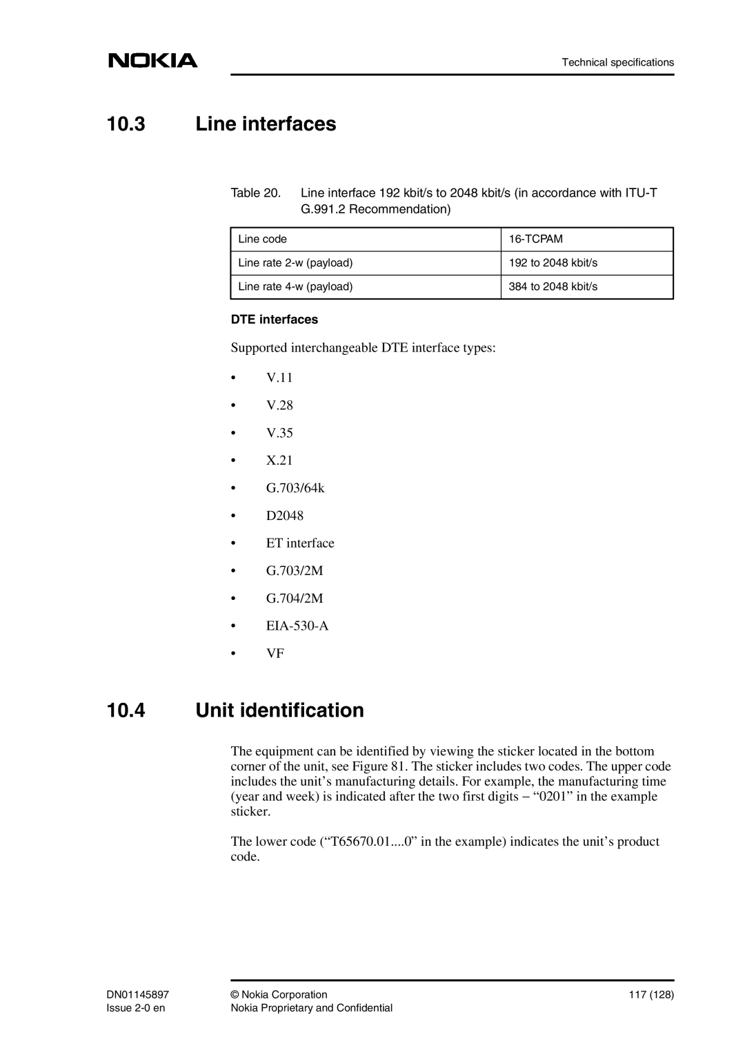 Nokia DNT2Mi sp/mp user manual Line interfaces, Unit identification 
