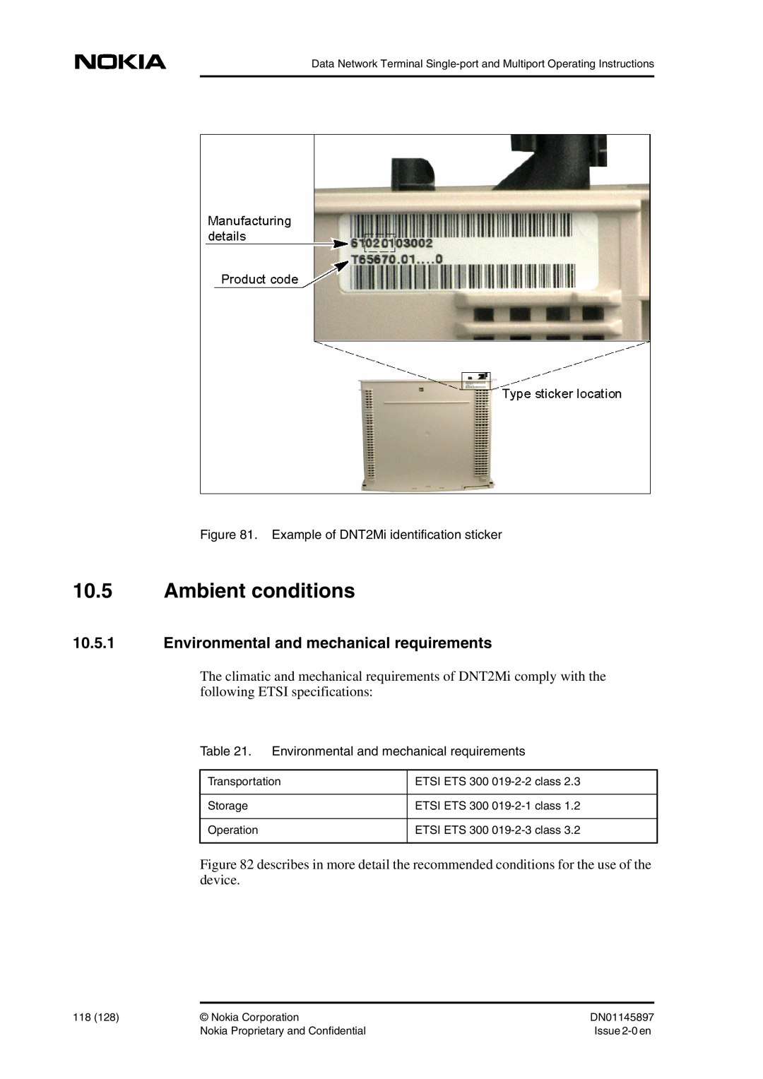 Nokia DNT2Mi sp/mp user manual Ambient conditions, Environmental and mechanical requirements 