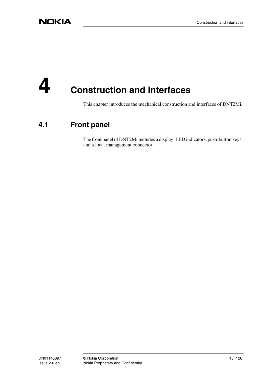 Nokia DNT2Mi sp/mp user manual Construction and interfaces, Front panel 