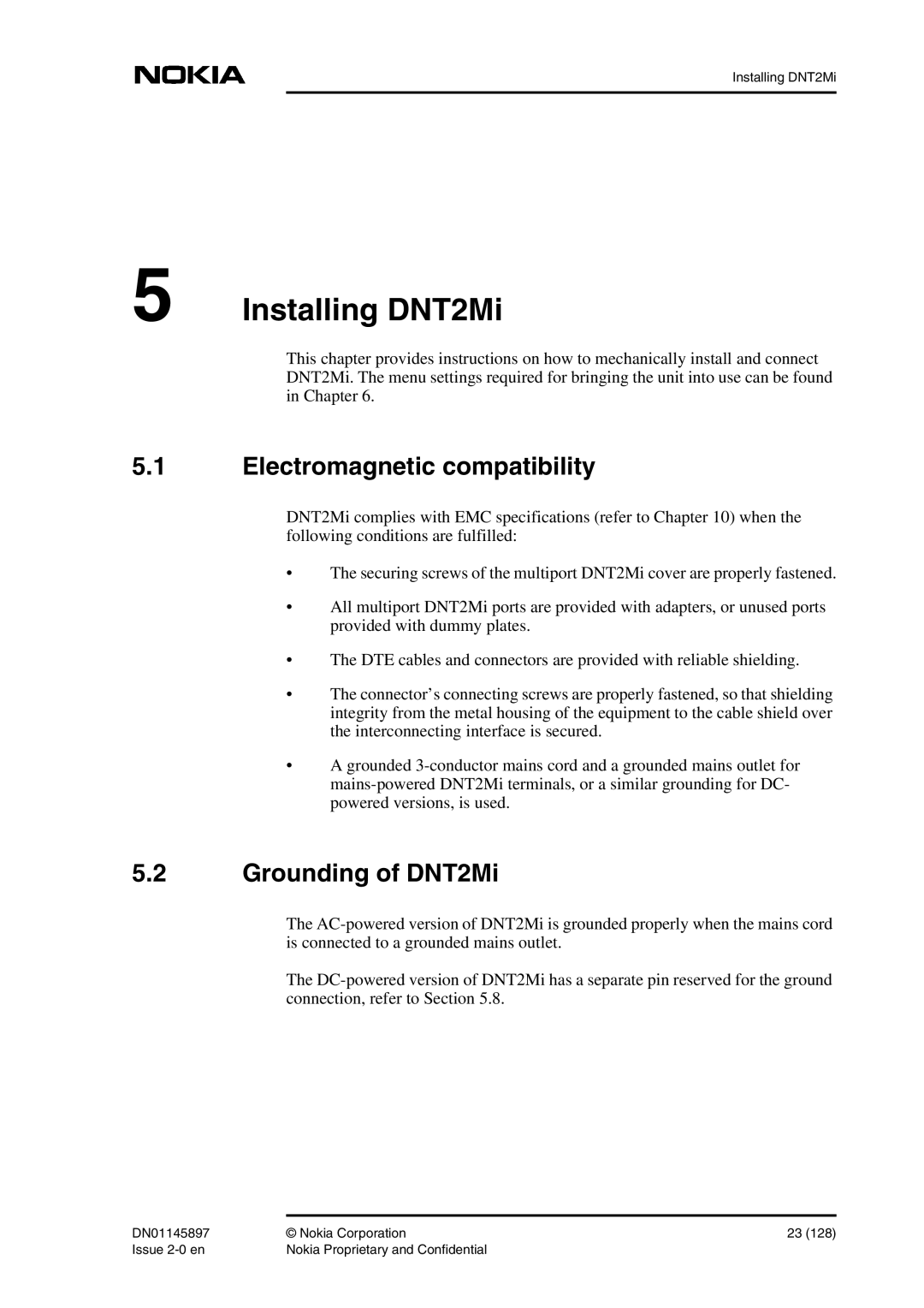 Nokia DNT2Mi sp/mp user manual Installing DNT2Mi, Electromagnetic compatibility, Grounding of DNT2Mi 