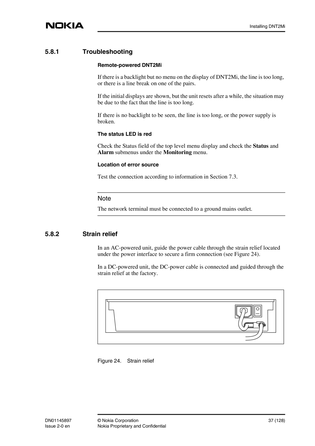 Nokia DNT2Mi sp/mp user manual Troubleshooting, Strain relief 