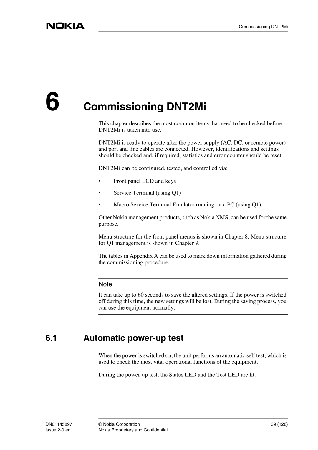 Nokia DNT2Mi sp/mp user manual Commissioning DNT2Mi, Automatic power-up test 