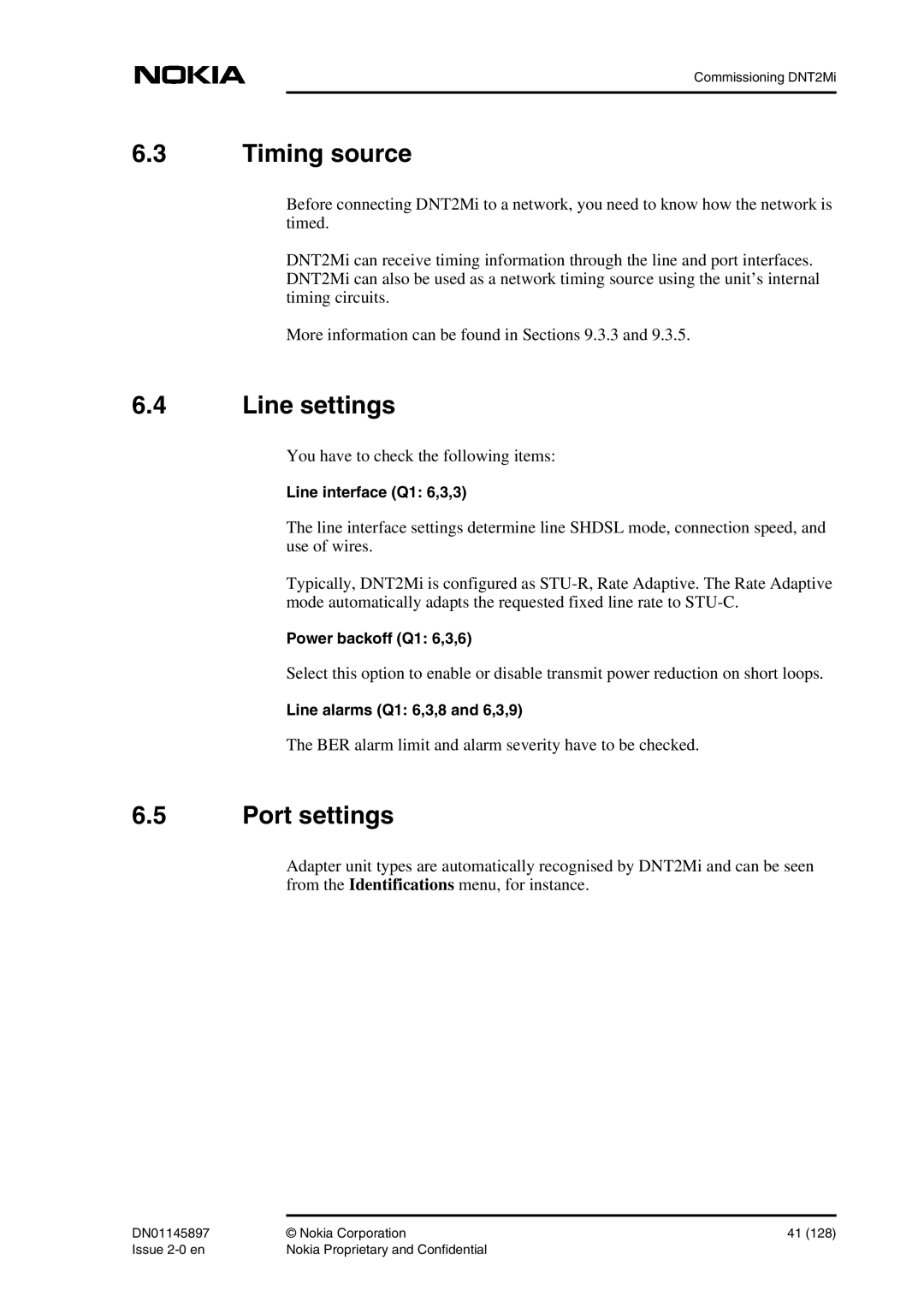 Nokia DNT2Mi sp/mp user manual Timing source, Line settings, Port settings 