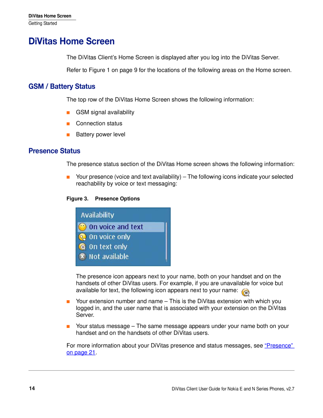 Nokia DOC-CLIENT-UG-207 manual DiVitas Home Screen, GSM / Battery Status, Presence Status 