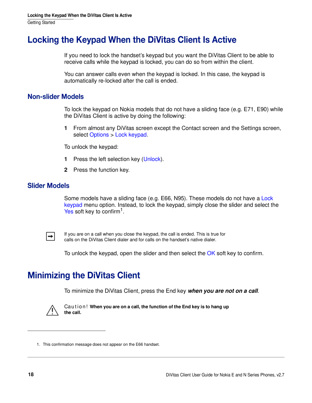 Nokia DOC-CLIENT-UG-207 Locking the Keypad When the DiVitas Client Is Active, Minimizing the DiVitas Client, Slider Models 