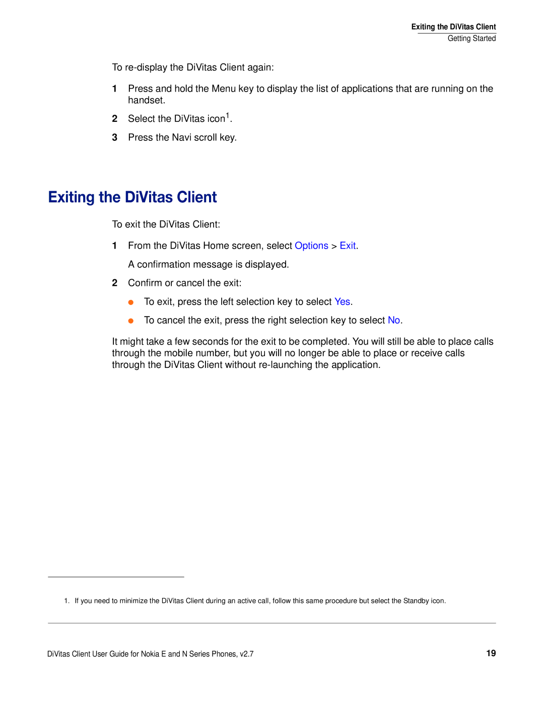 Nokia DOC-CLIENT-UG-207 manual Exiting the DiVitas Client 