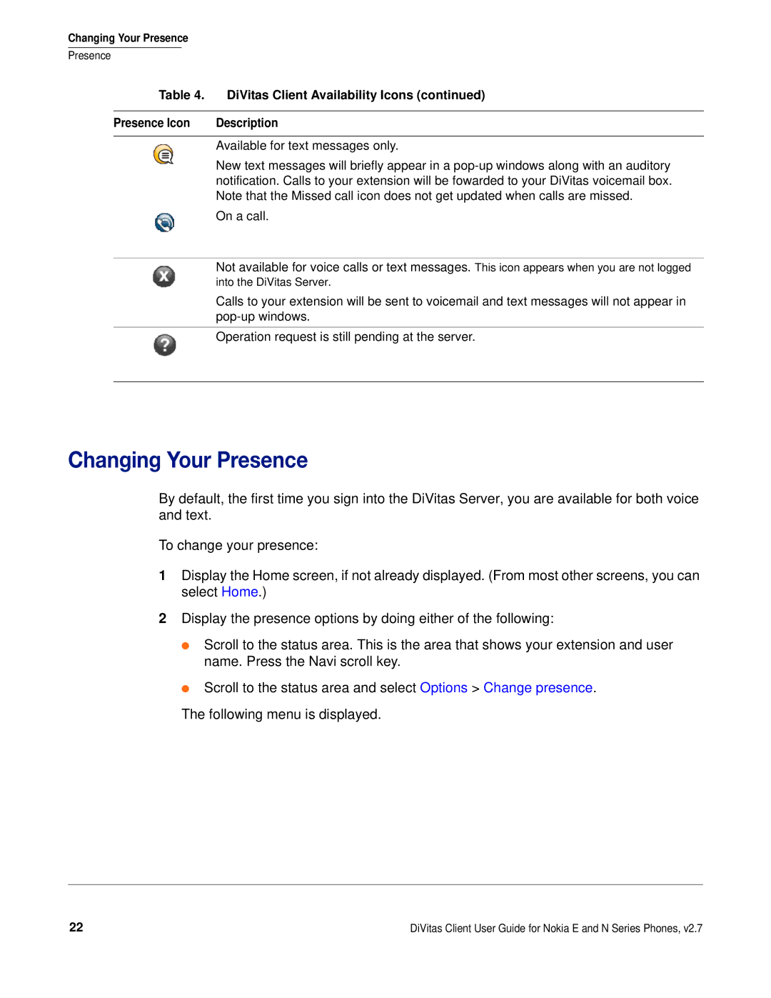 Nokia DOC-CLIENT-UG-207 manual Changing Your Presence 