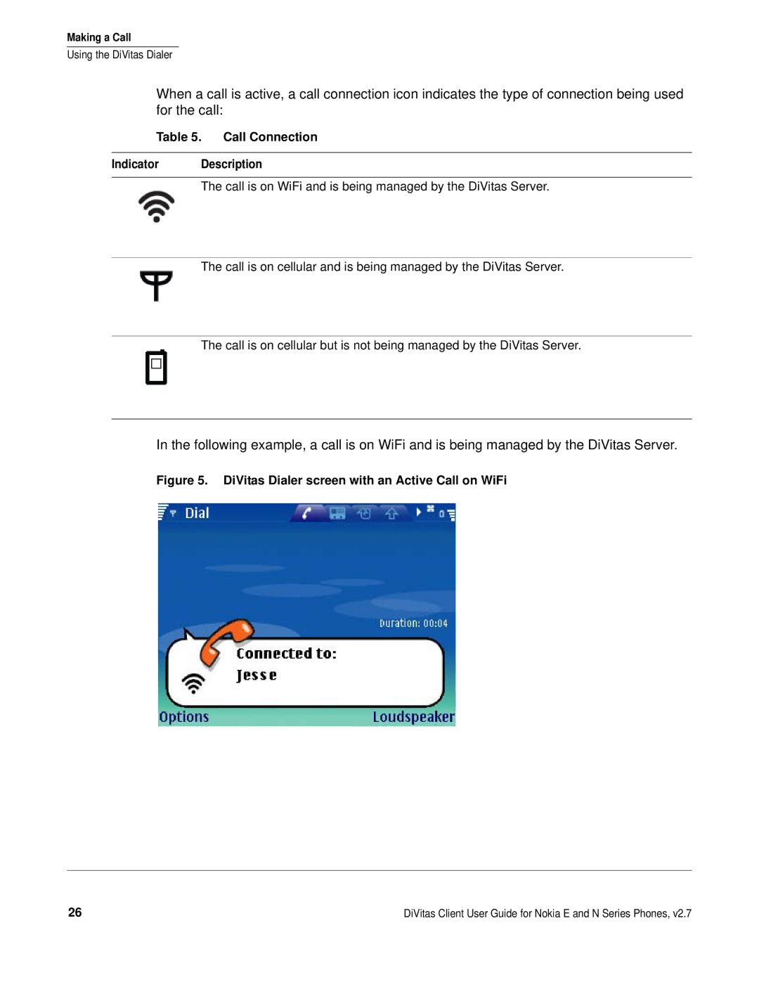 Nokia DOC-CLIENT-UG-207 manual DiVitas Dialer screen with an Active Call on WiFi 