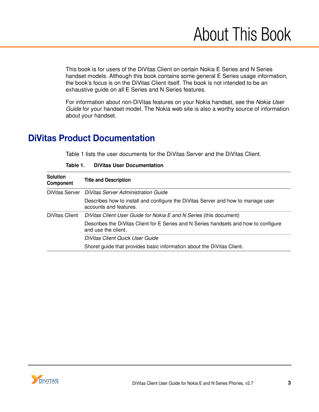 Nokia DOC-CLIENT-UG-207 manual About This Book, DiVitas Product Documentation 