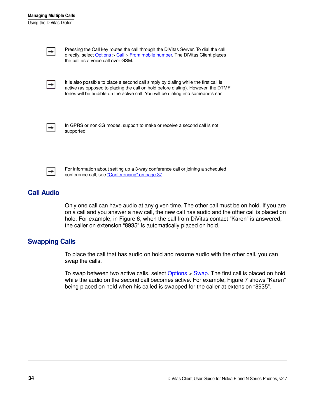 Nokia DOC-CLIENT-UG-207 manual Call Audio, Swapping Calls 