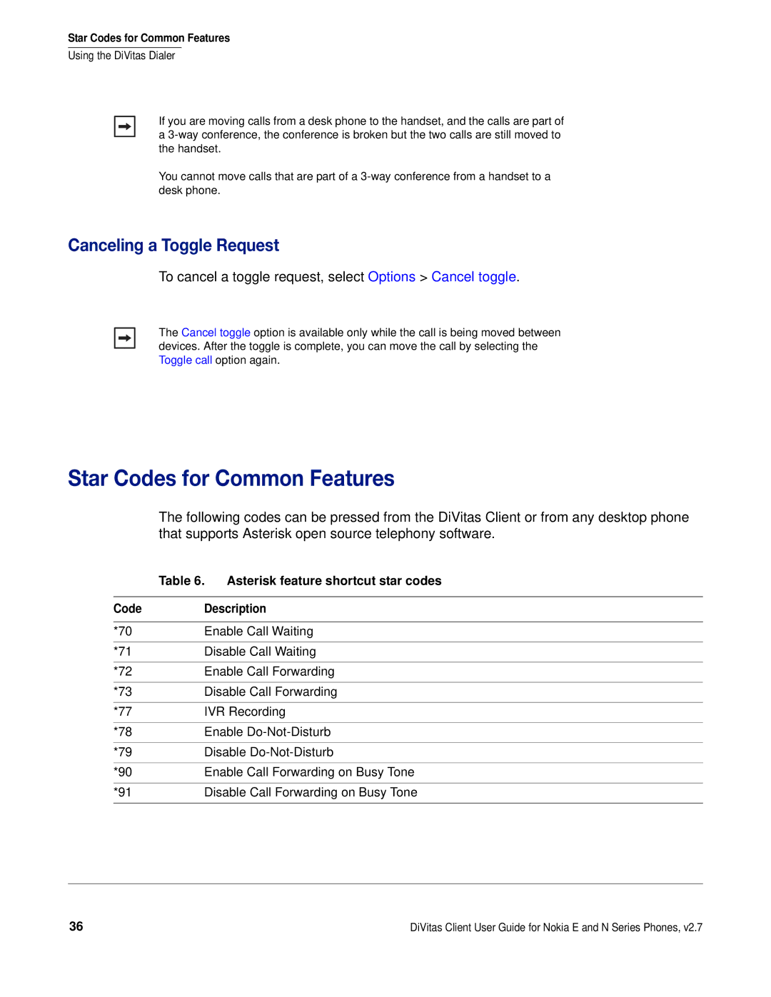 Nokia DOC-CLIENT-UG-207 manual Star Codes for Common Features, Canceling a Toggle Request 