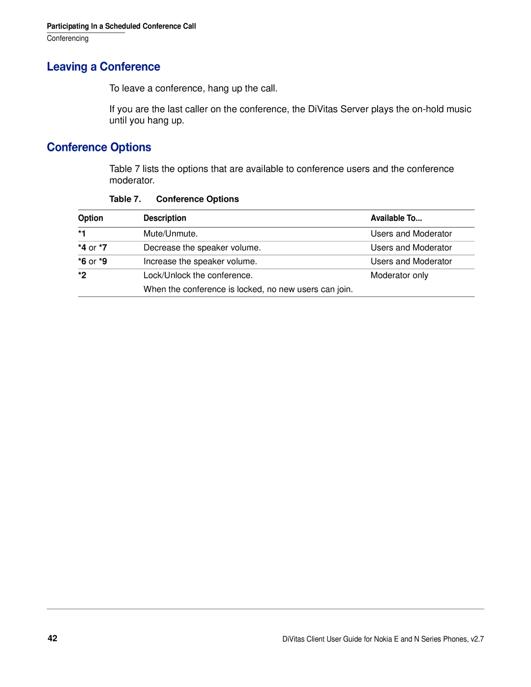 Nokia DOC-CLIENT-UG-207 manual Leaving a Conference, Conference Options 