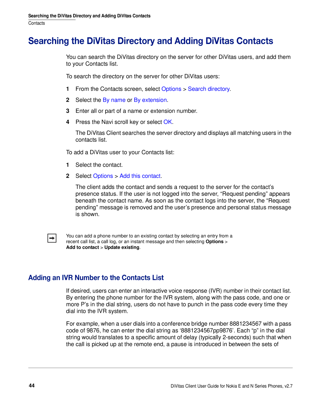 Nokia DOC-CLIENT-UG-207 Searching the DiVitas Directory and Adding DiVitas Contacts, Select the By name or By extension 