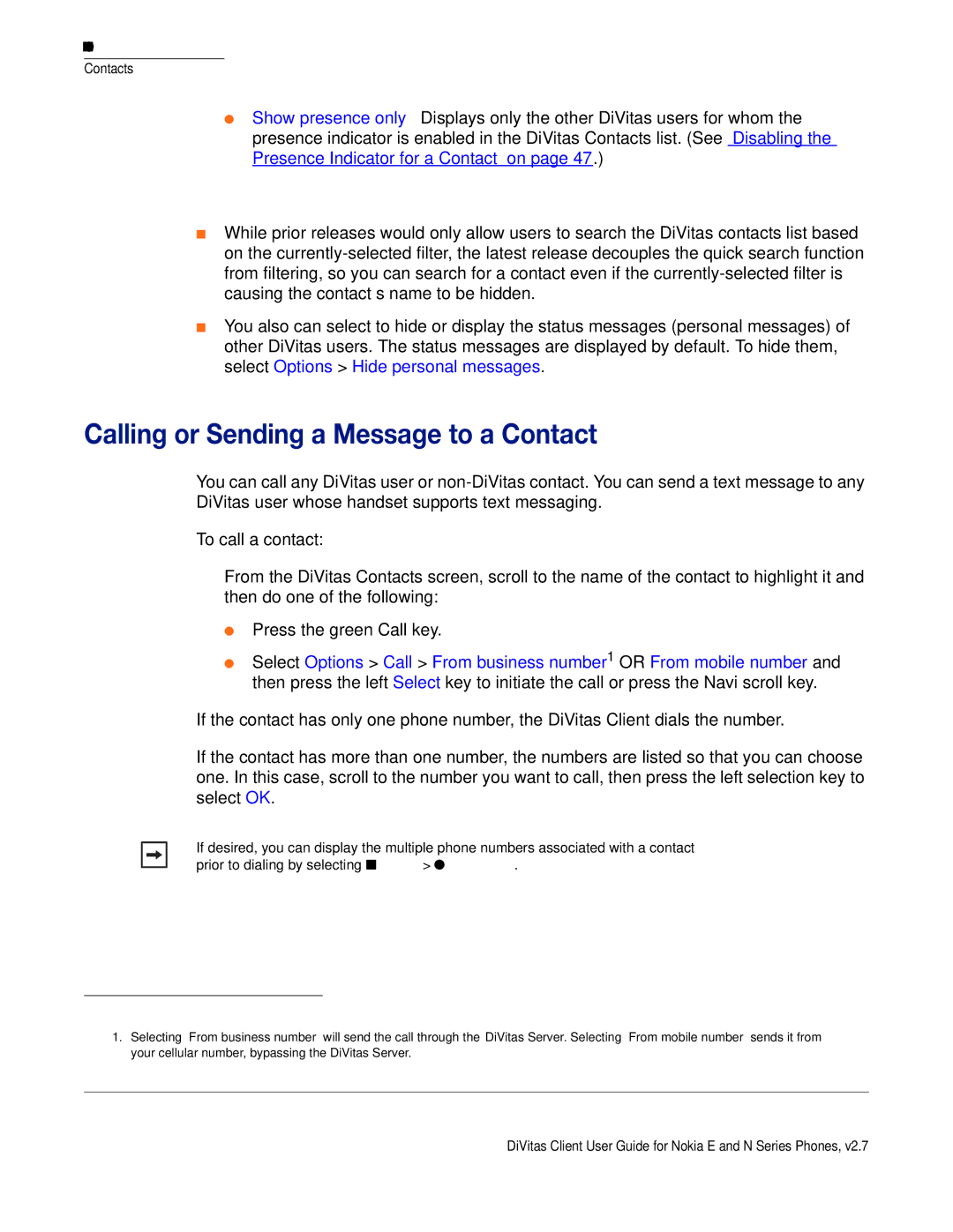 Nokia DOC-CLIENT-UG-207 manual Calling or Sending a Message to a Contact 