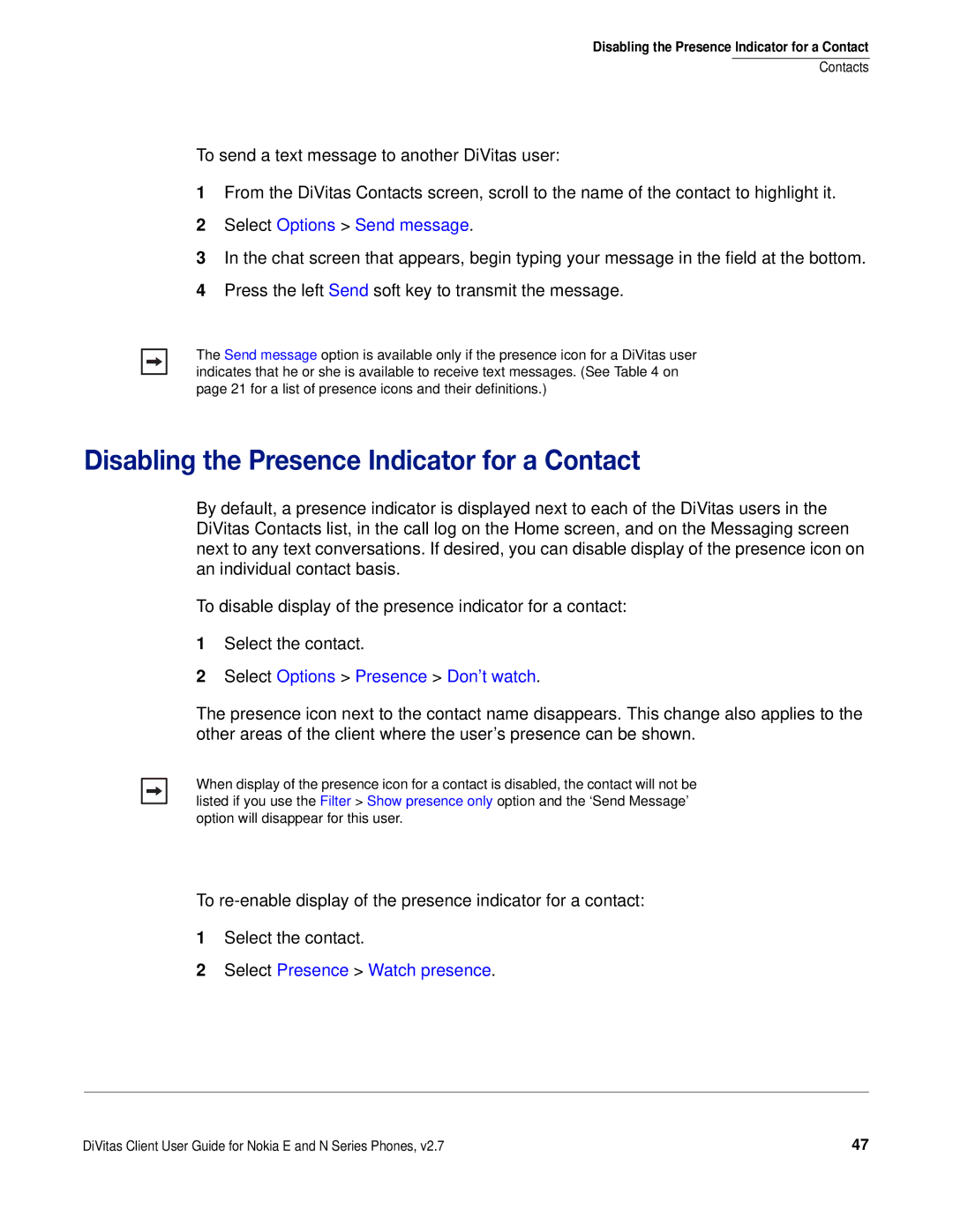 Nokia DOC-CLIENT-UG-207 manual Disabling the Presence Indicator for a Contact, Select Options Send message 