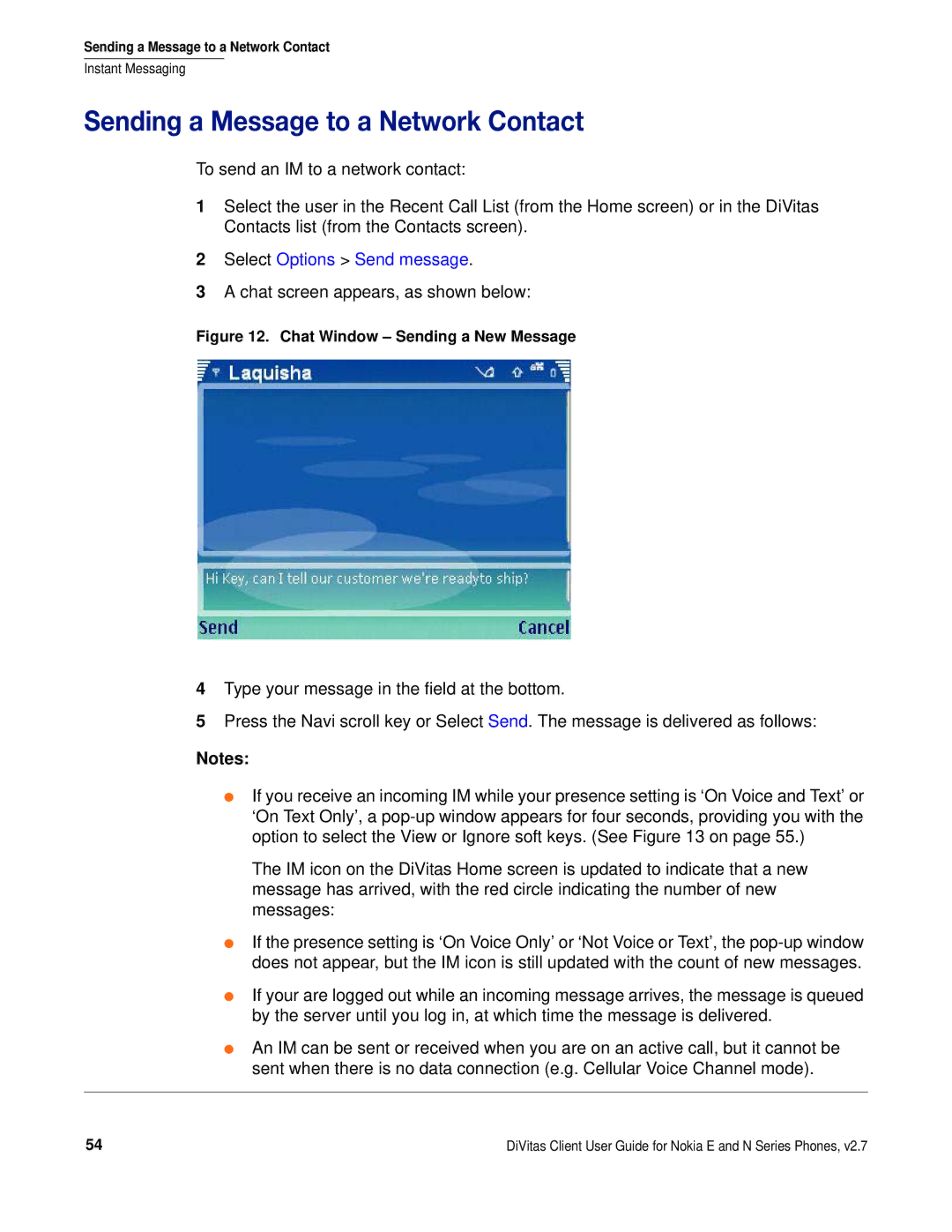 Nokia DOC-CLIENT-UG-207 manual Sending a Message to a Network Contact, Chat Window Sending a New Message 