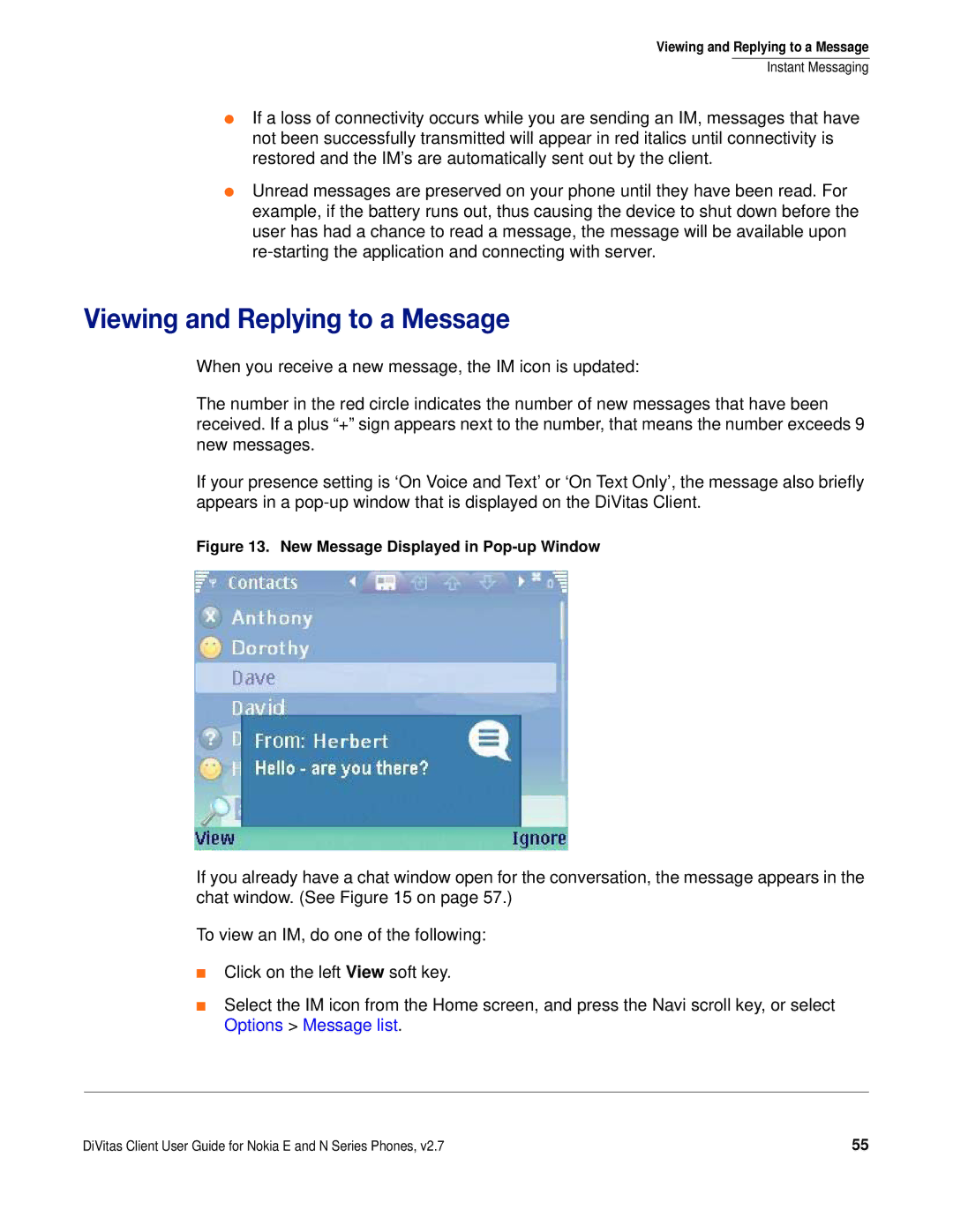 Nokia DOC-CLIENT-UG-207 manual Viewing and Replying to a Message, New Message Displayed in Pop-up Window 