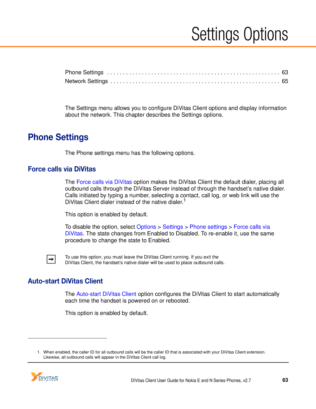 Nokia DOC-CLIENT-UG-207 manual Phone Settings, Force calls via DiVitas, Auto-start DiVitas Client 