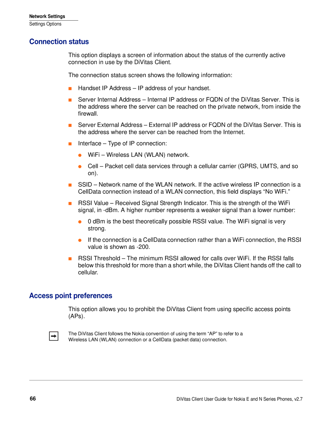 Nokia DOC-CLIENT-UG-207 manual Connection status, Access point preferences 