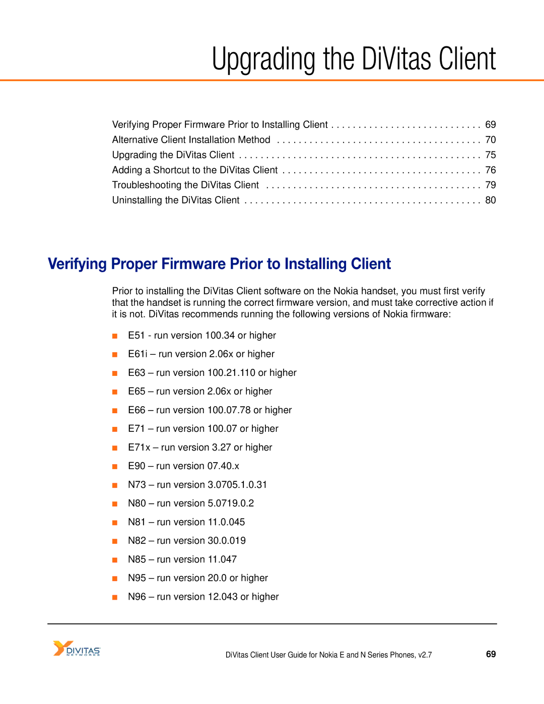 Nokia DOC-CLIENT-UG-207 manual Upgrading the DiVitas Client, Verifying Proper Firmware Prior to Installing Client 