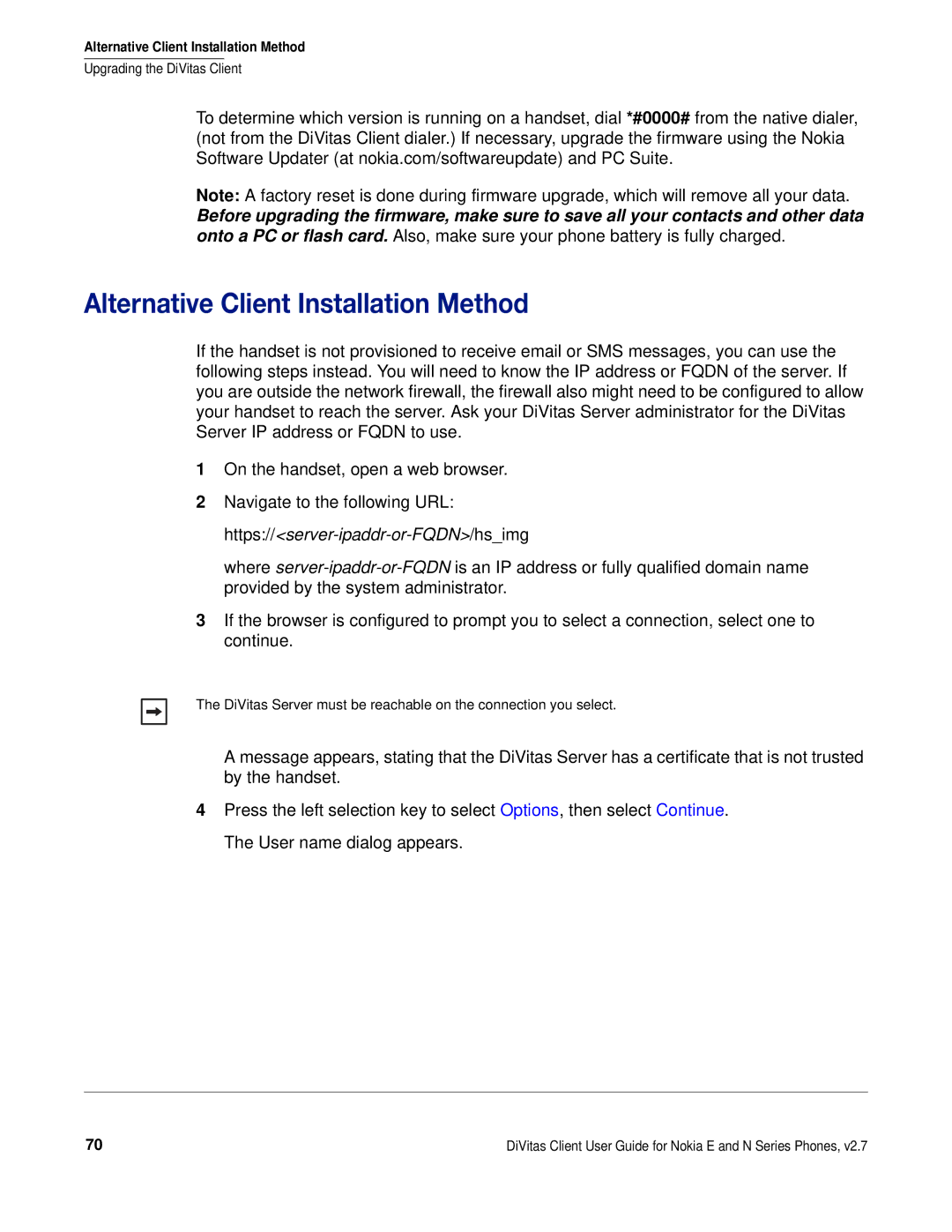 Nokia DOC-CLIENT-UG-207 manual Alternative Client Installation Method, Https//server-ipaddr-or-FQDN/hsimg 