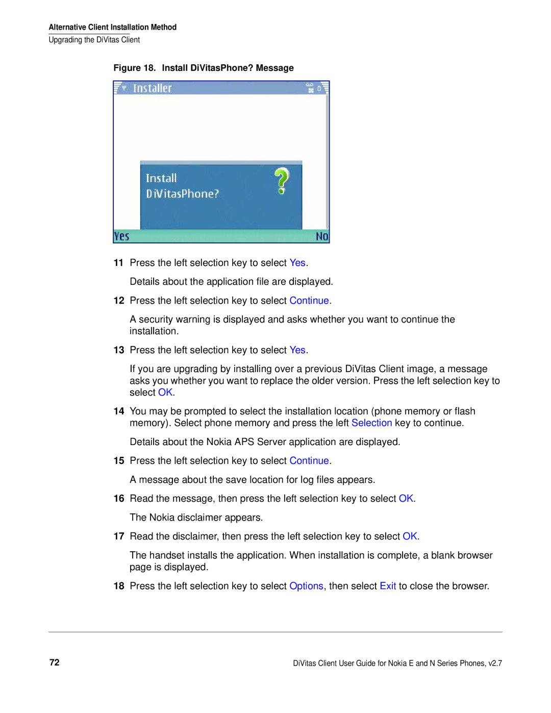 Nokia DOC-CLIENT-UG-207 manual Install DiVitasPhone? Message 