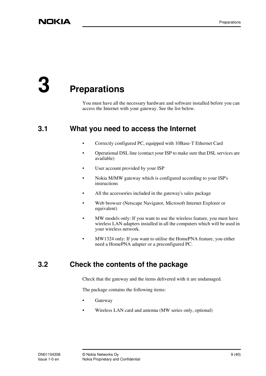 Nokia DSL Gateway High-Speed Internet Connection manual Preparations, What you need to access the Internet 