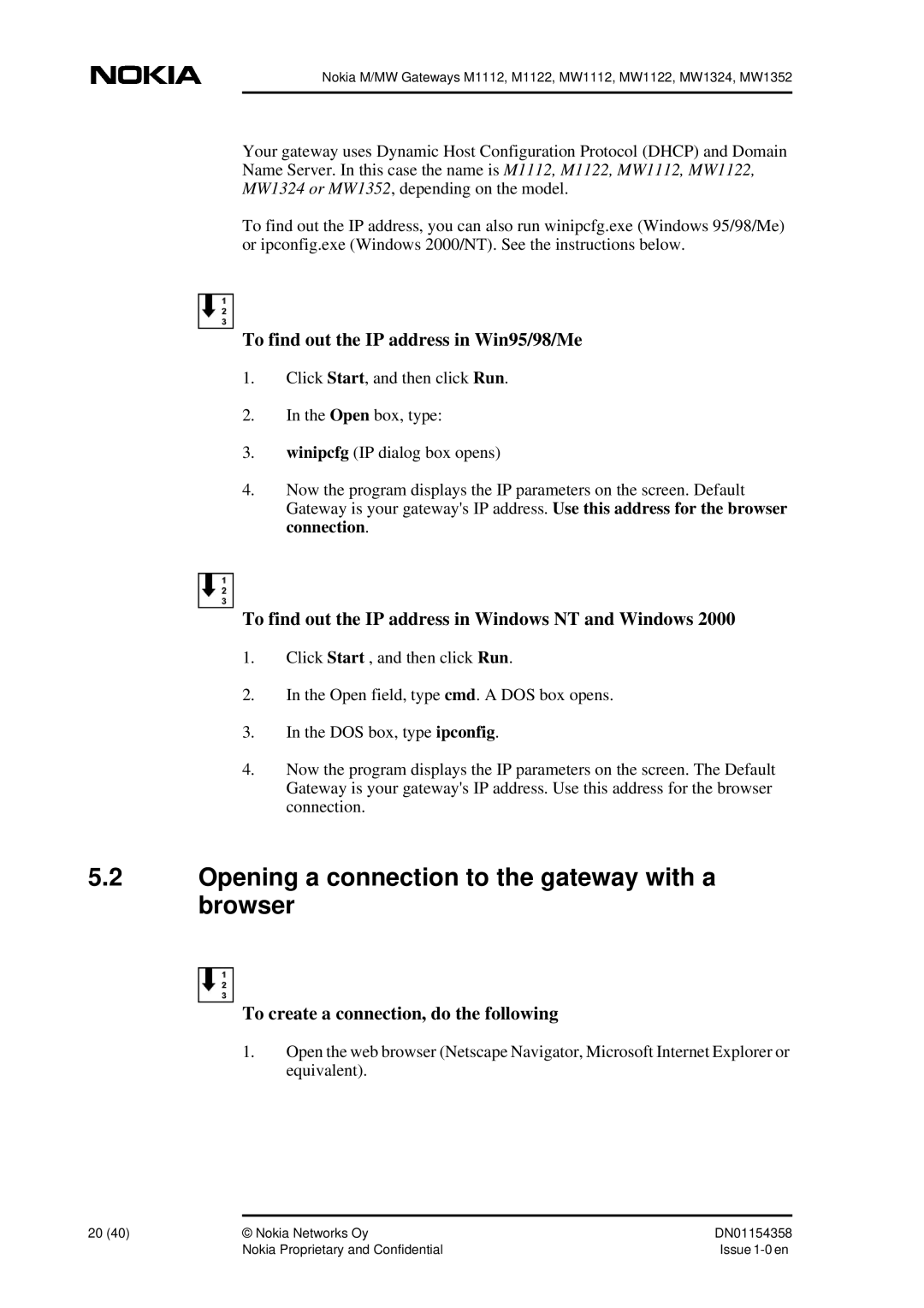 Nokia DSL Gateway High-Speed Internet Connection manual Opening a connection to the gateway with a browser 