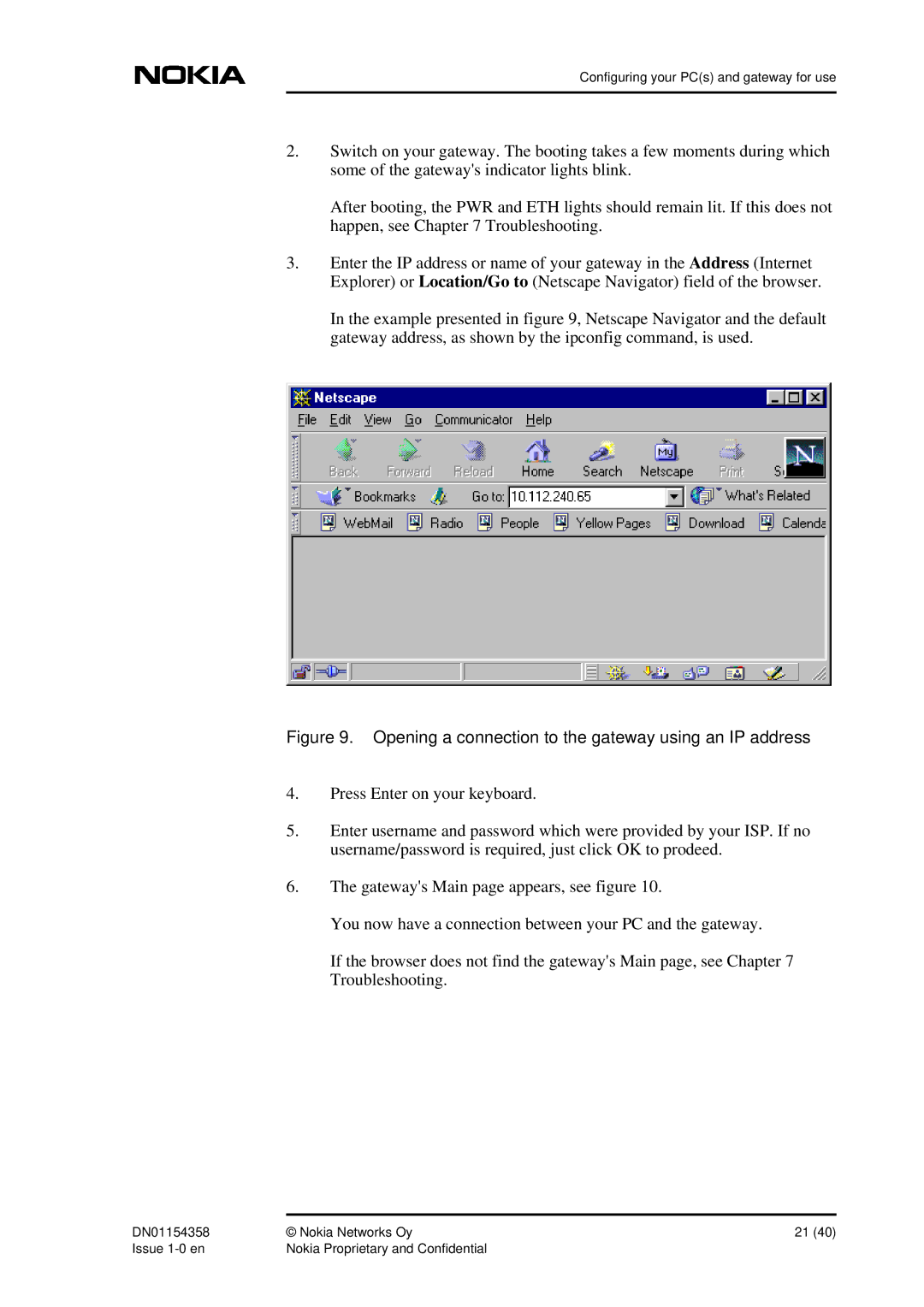 Nokia DSL Gateway High-Speed Internet Connection manual Opening a connection to the gateway using an IP address 