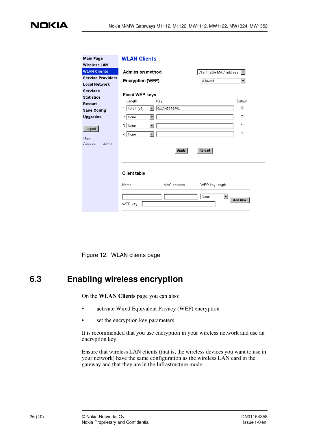 Nokia DSL Gateway High-Speed Internet Connection manual Enabling wireless encryption, Wlan clients 