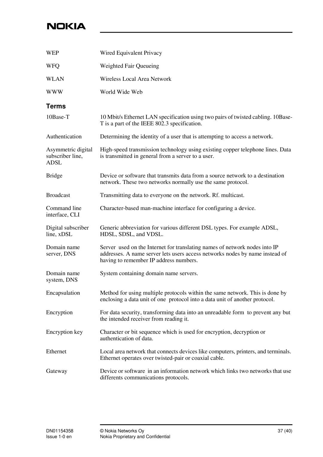 Nokia DSL Gateway High-Speed Internet Connection manual Terms 