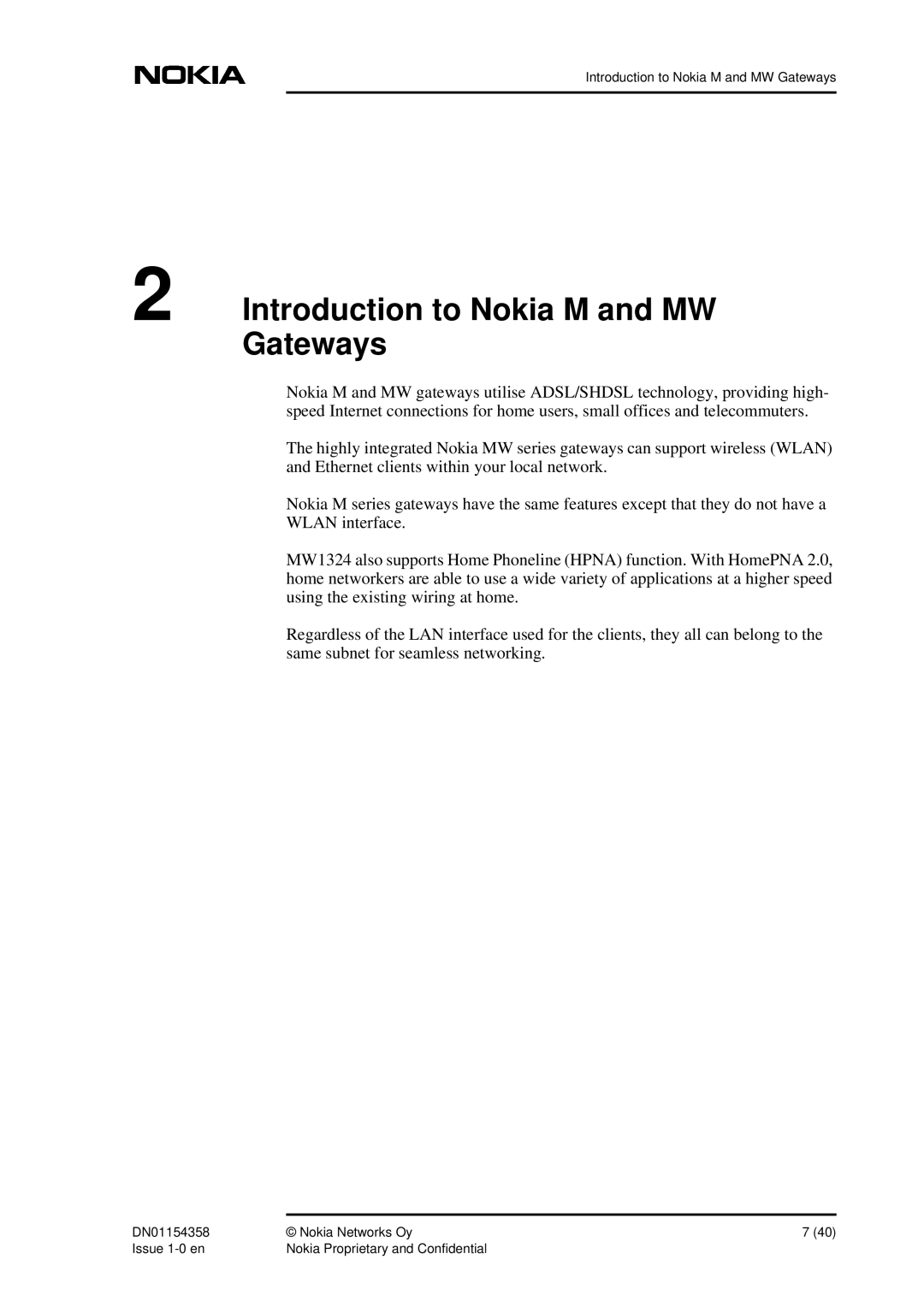 Nokia DSL Gateway High-Speed Internet Connection manual Introduction to Nokia M and MW Gateways 