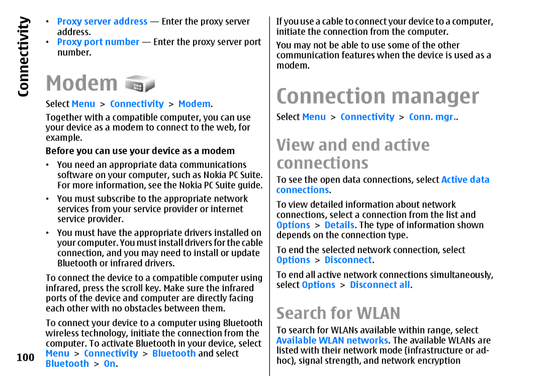 Nokia E51 manual Modem, Connection manager, Search for Wlan 