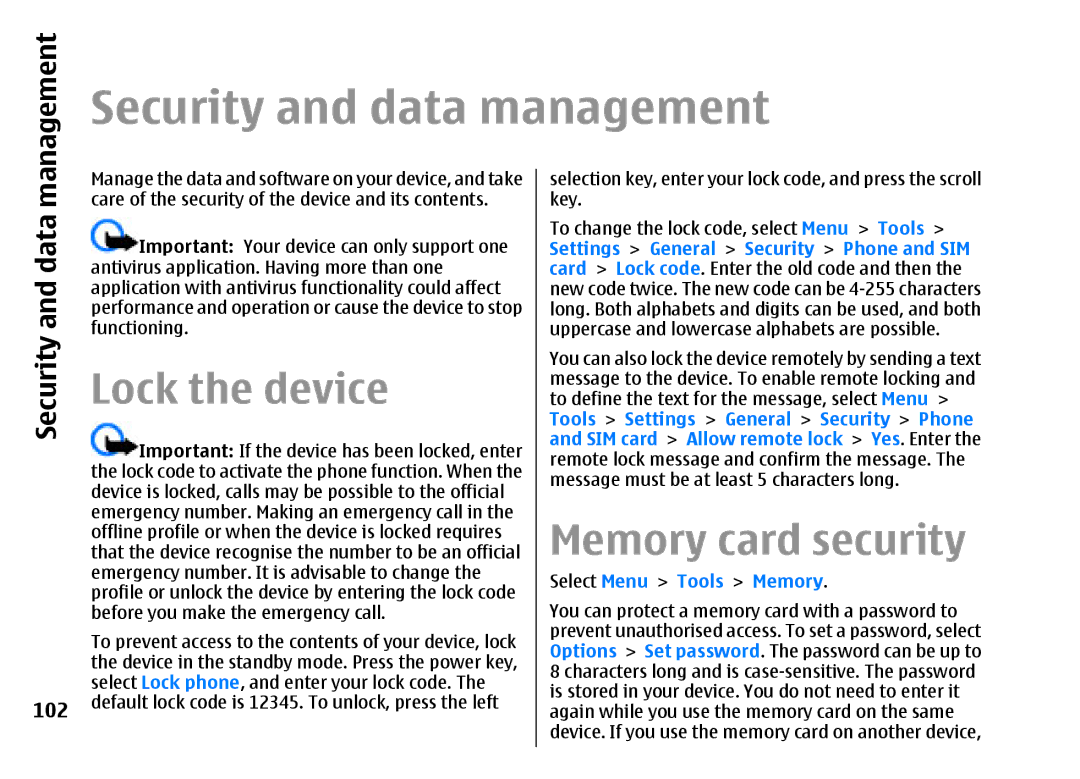 Nokia E51 manual Security and data management, Lock the device, Memory card security 