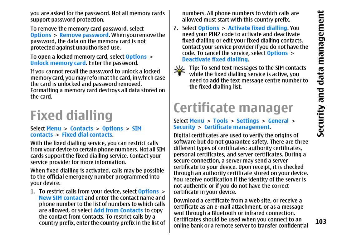 Nokia E51 manual Fixed dialling, Certificate manager, Security and data management, 103, Deactivate fixed dialling 