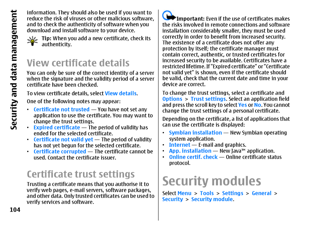 Nokia E51 manual Security modules, View certificate details, Certificate trust settings, Data, 104 