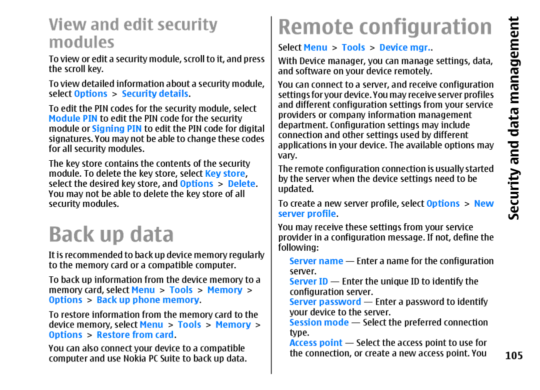 Nokia E51 manual Back up data, Remote configuration, View and edit security modules, 105, Select Menu Tools Device mgr 